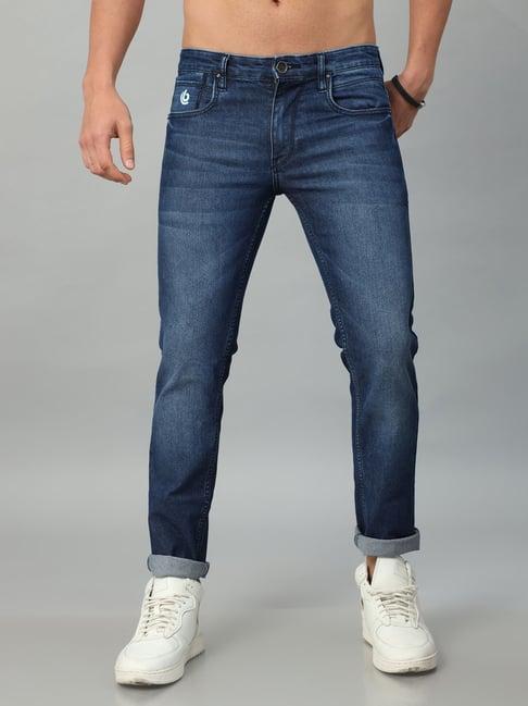 bushirt dark blue slim fit lightly washed cotton jeans