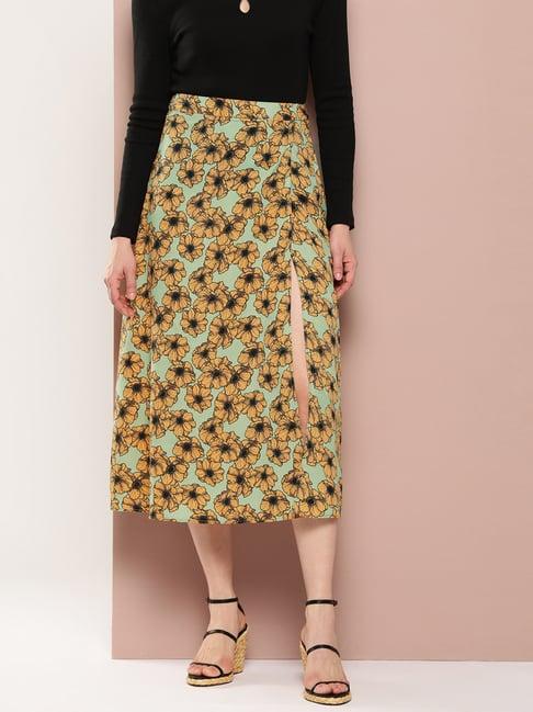 qurvii pista green floral midi skirt