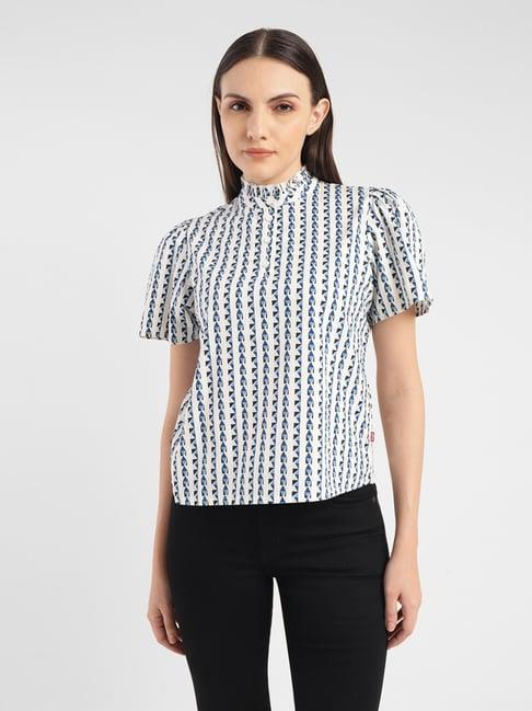 levi's white & blue cotton printed top