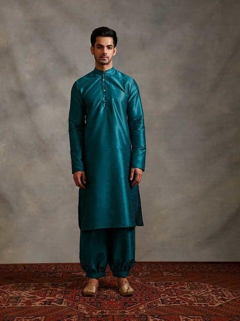 abhishti teal regular fit banarasi kurta