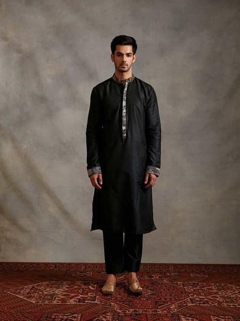 abhishti black regular fit banarasi zari detail buttoned down kurta