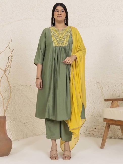 xl love by janasya green embroidered kurta palazzo set with dupatta