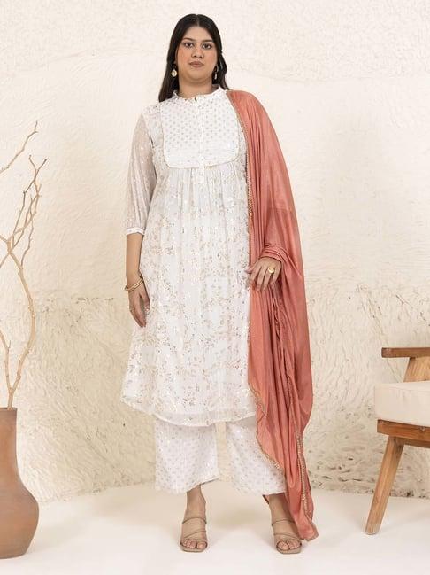 xl love by janasya white printed kurta palazzo set with dupatta