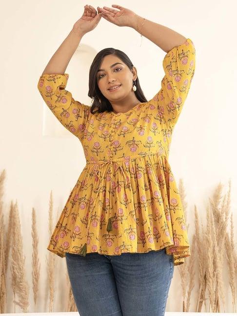 xl love by janasya yellow cotton printed top