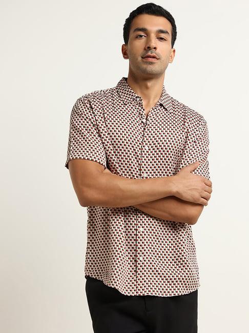 ascot by westside tan relaxed fit checkerboard print shirt