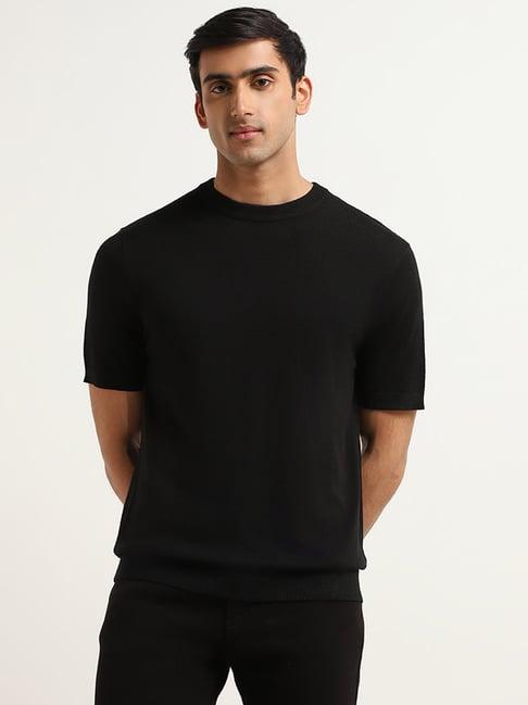 wes formals by westside solid black knitted slim fit t-shirt