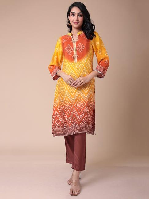 zari jaipur yellow bandhani print kurta pant set