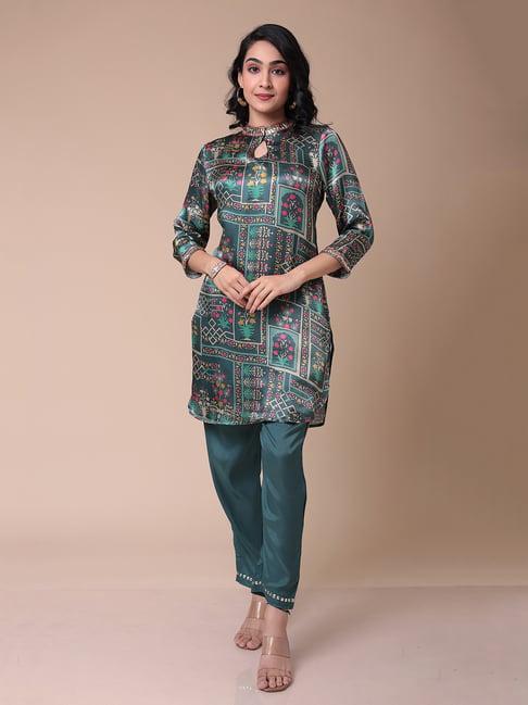 zari jaipur dark green printed kurta pant set