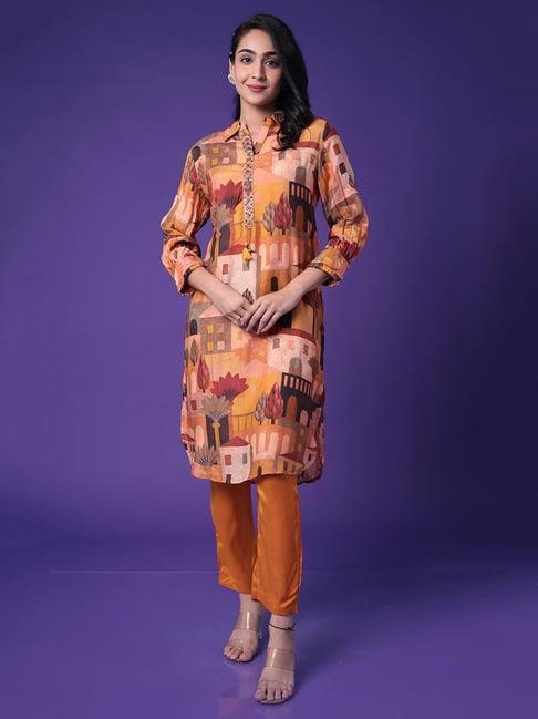 zari jaipur orange printed kurta pant set