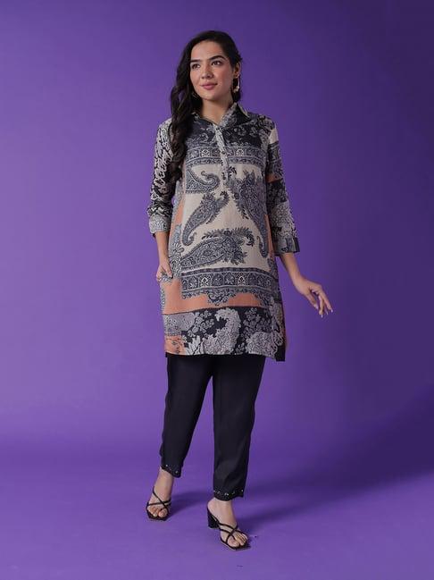 zari jaipur grey & black printed kurta pant set