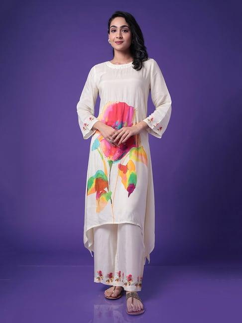 zari jaipur cream printed kurta & palazzo set