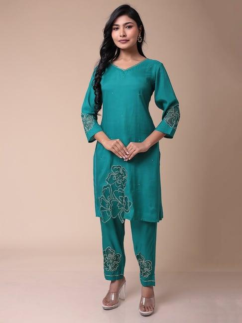 zari jaipur dark green embroidered kurta pant set