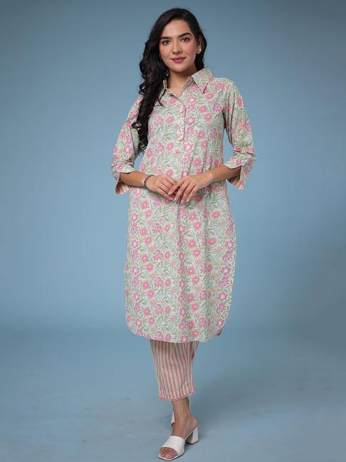 zari jaipur light green printed kurta pant set