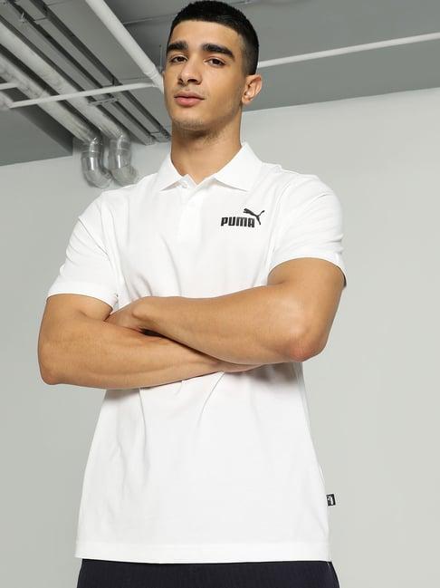 puma essentials white regular fit cotton logo print polo t-shirt