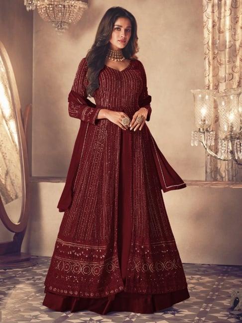 odette maroon embroidered unstitched dress material