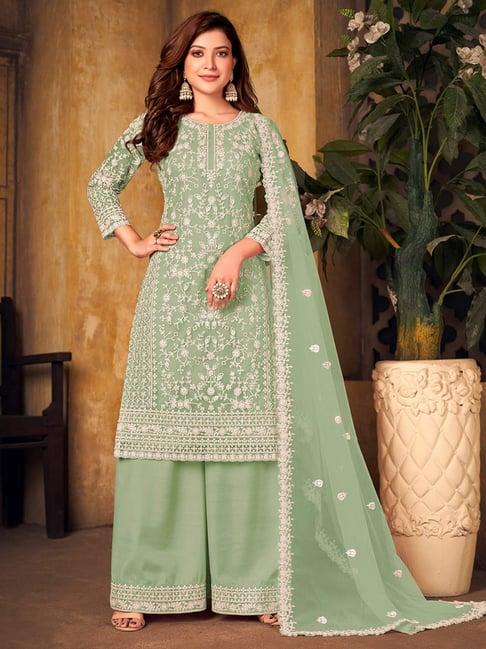 odette sap green embroidered unstitched dress material