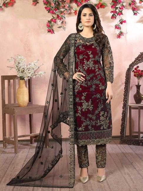 odette maroon embroidered unstitched dress material