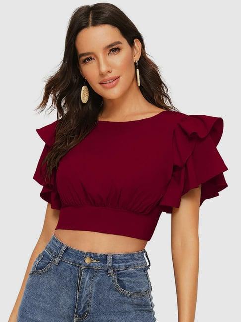 odette maroon slim fit crop top