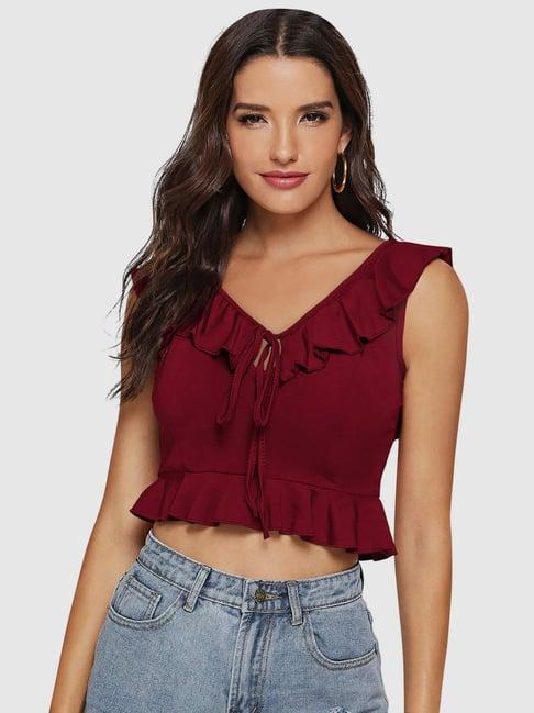 odette maroon slim fit crop top