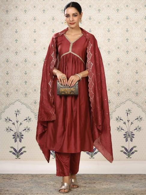 odette maroon embroidered kurta pant set with dupatta