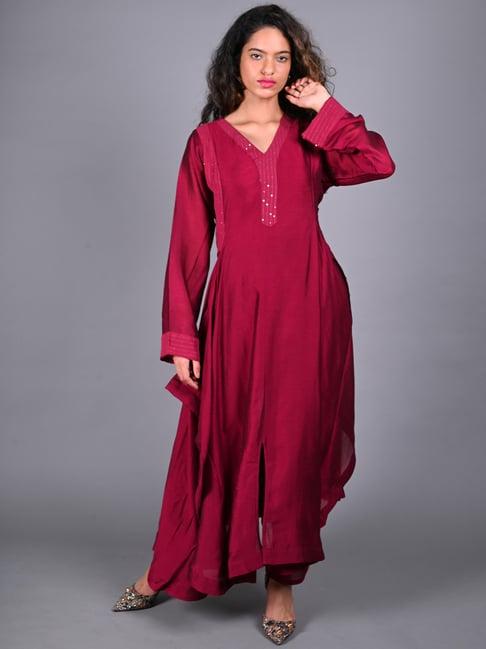 odette maroon embellished kurta pant set