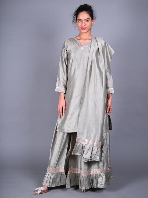 odette grey embellished kurti palazzo set with dupatta