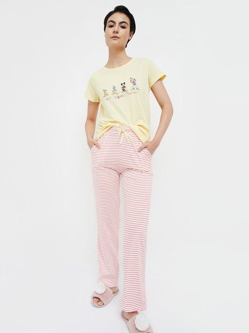 ginger by lifestyle yellow & pink cotton printed t-shirt pyjama set