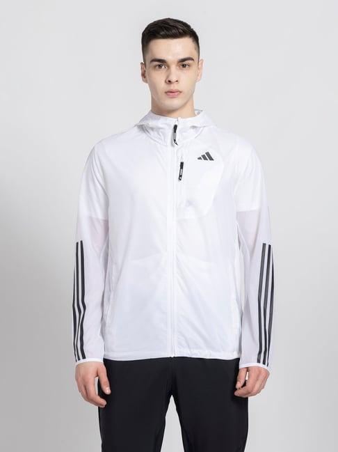 adidas white slim fit striped running hooded jacket