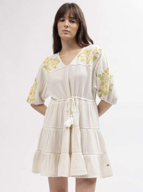 elle off-white cotton embroidered a-line dress