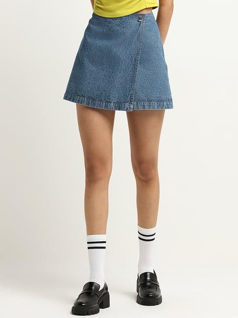 nuon by westside blue solid denim skort