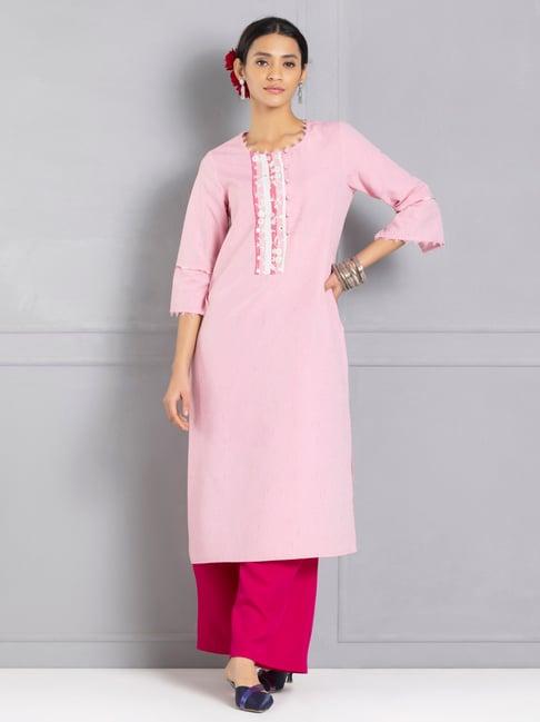 shaye round neck pink embroidered ethnic kurta sets for women