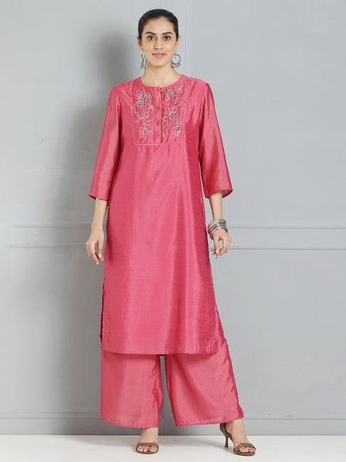 shaye round neck coral embroidered ethnic kurta sets for women