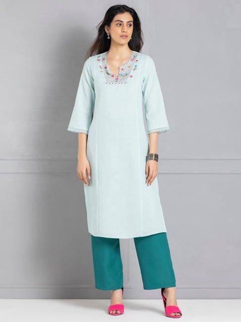 shaye round neck sea green embroidered yoke design three-quarter sleeves ethnic kurtas for women