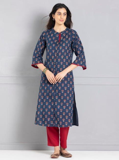 shaye band collar navy blue printed three-quarter sleeves ethnic kurtas for women