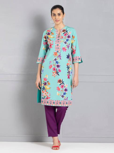 shaye round neck green floral print three-quarter sleeves ethnic kurtas for women