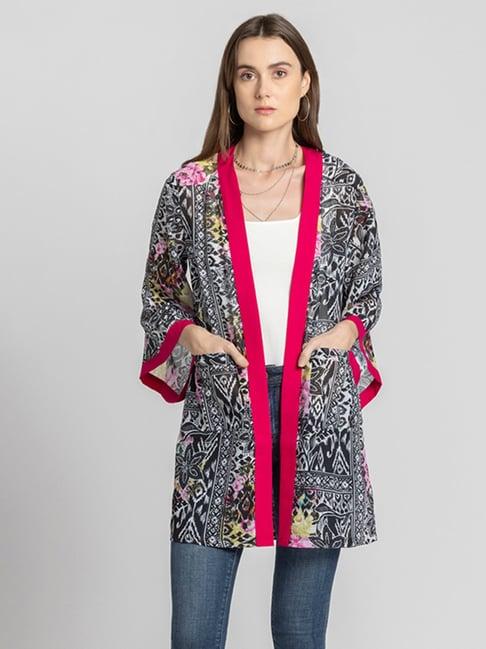 shaye fuchsia floral print three-quarter sleeves casual shrug for women