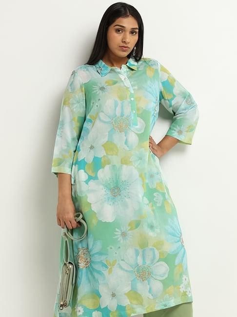 diza by westside aqua floral print collared kurta