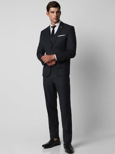 van heusen black slim fit textured three piece suit