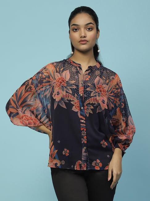 aarke ritu kumar navy floral print shirt with camisole