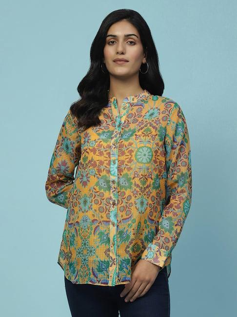 aarke ritu kumar yellow floral print shirt with camisole