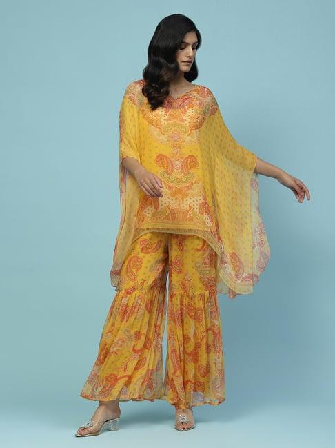 aarke ritu kumar yellow printed kurti with sharara & inner