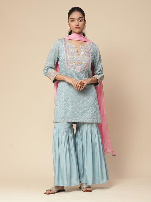 aarke ritu kumar blue embroidered kurta with sharara & dupatta