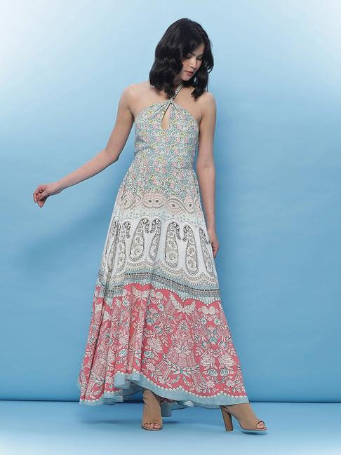 label ritu kumar white & blue floral print maxi dress