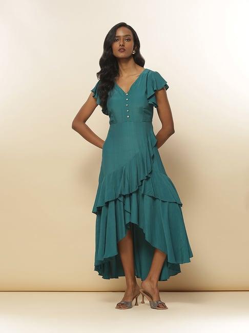 label ritu kumar teal slim fit maxi dress