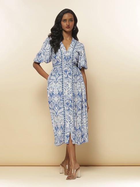 label ritu kumar blue & white floral print shirt dress