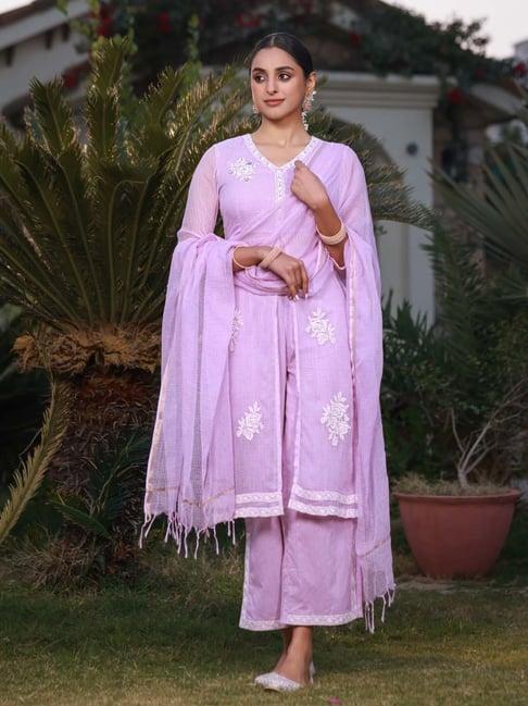 juniper lilac floral printed pure cotton kurta palazzos & kota doria dupatta with beads work