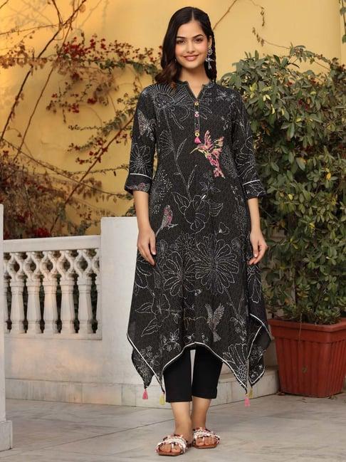 juniper the dhara black floral printed nylon dobby kurta