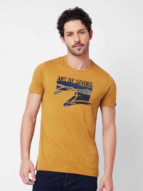 spykar khaki slim fit graphic print crew t-shirt