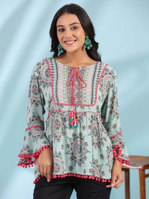 juniper mint women rayon crepe ethnic motif printed peplum tunic with beadwork