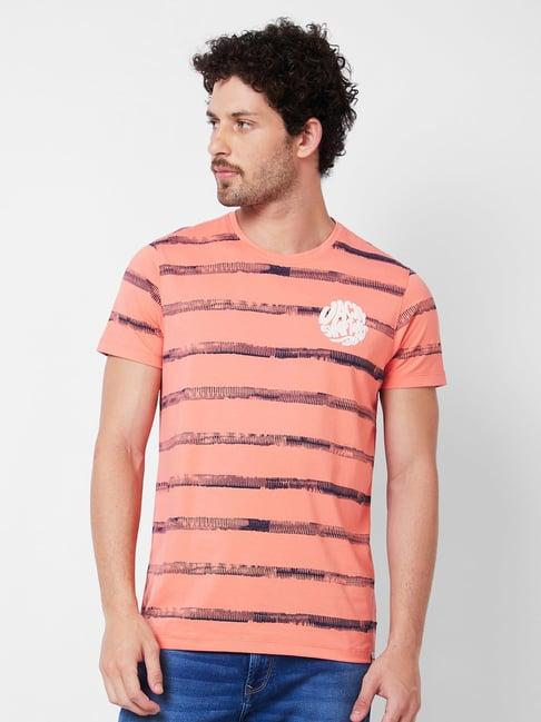 spykar peach slim fit striped crew t-shirt